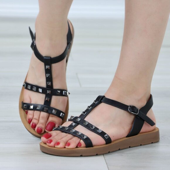 Black Metal Stud Trendy Comfy Flat Gladiator Sandal Slip On Sliders - Picture 5 of 12